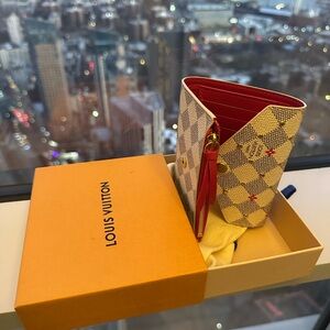 Louis Vuitton Beige Checkered Wallet with Red Interior